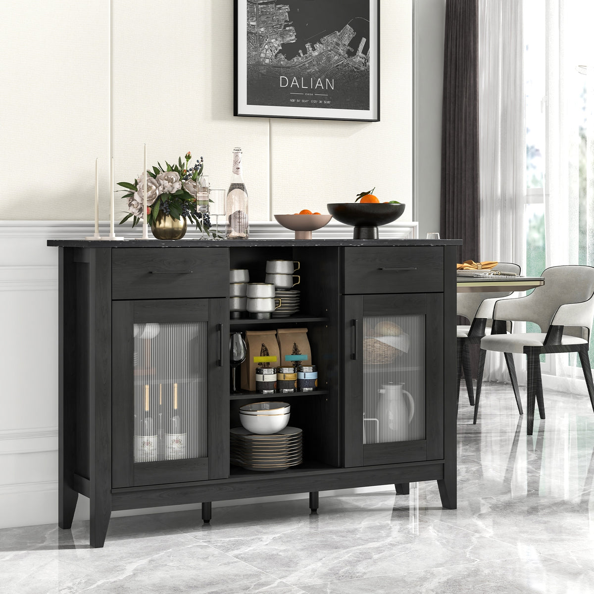 Buffet Computer Desk Sideboard Buffet Cabinet with 2 Drawers and 4 Adjustable Shelves-Black ...