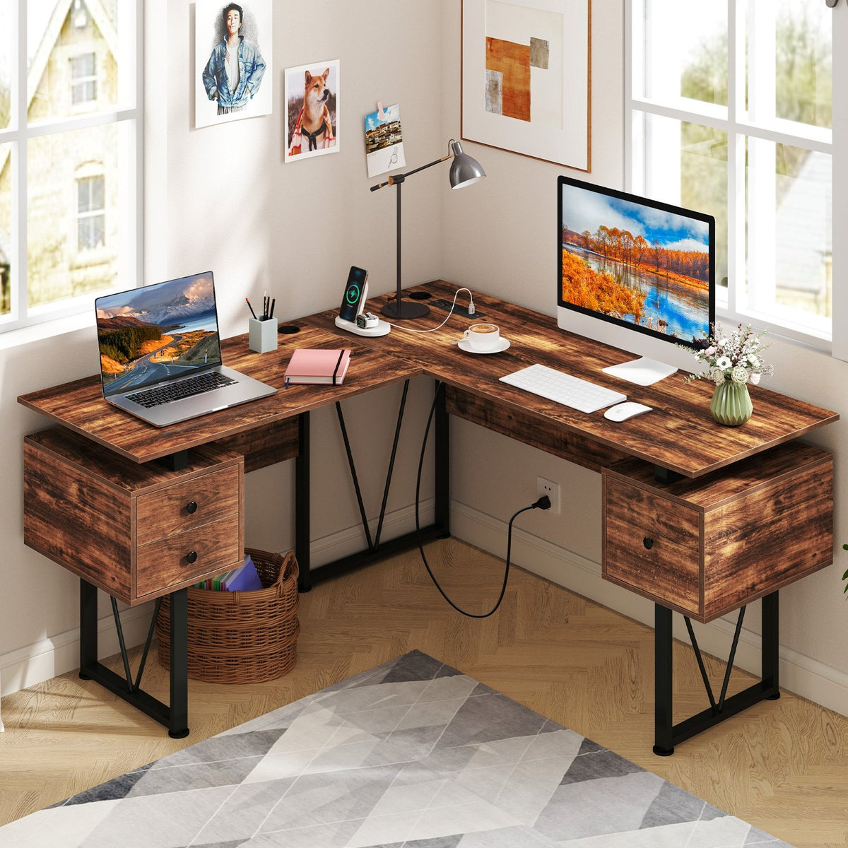 L-shaped Computer Desk with Power Outlets and 3 Storage Drawers-Rustic ...
