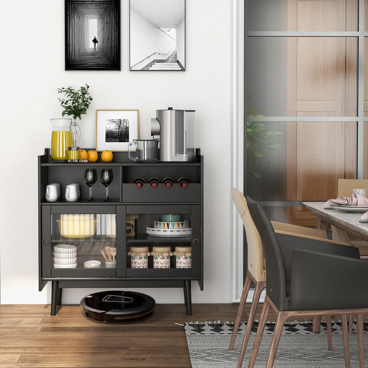 Buffet Computer Desk Kitchen Buffet Sideboard with Wine Rack and Sliding Door-Black – Level ...