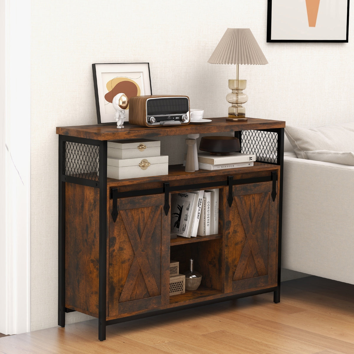 Buffet Computer Desk Buffet Cabinet with 3-Level Adjustable Shelves and 2 Sliding Barn Door ...