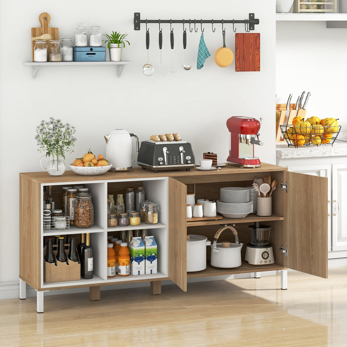 Buffet Computer Desk 63 Inches Buffet Sideboard with 4 Compartments and Push-to-Open Cabine ...