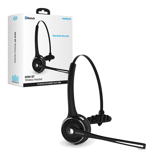 Naztech Bluetooth Headset Mono N980 with Boom Mic Noise Cancelling, Charging Stand Included Level Up Desks 