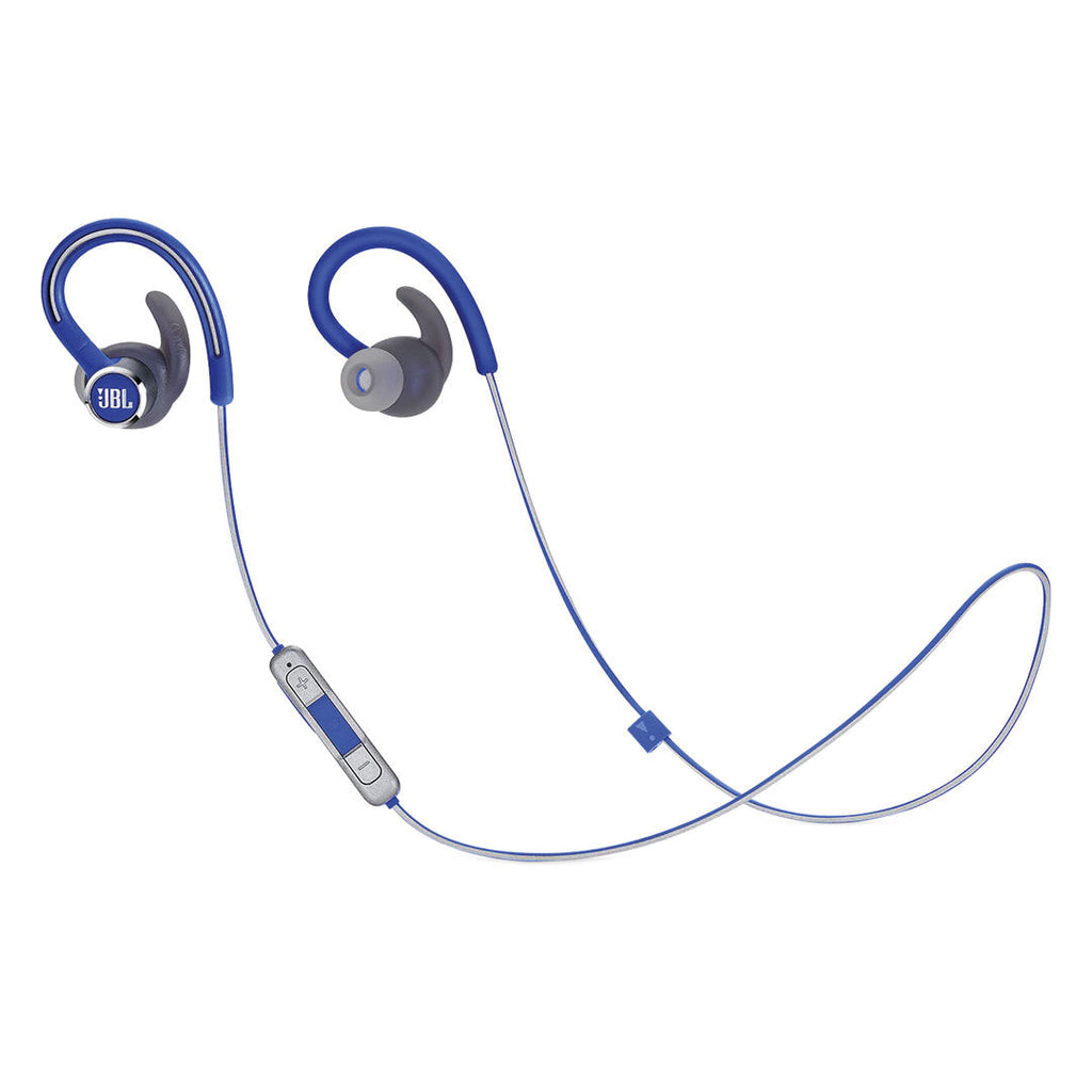 JBL Bluetooth Sport Headphones Reflect Contour 2 IPX5 Sweat/Waterproof Remote with Mic 10Hr Battery LIfe Carry Pouch Reflective Cables Blue Level Up Desks 