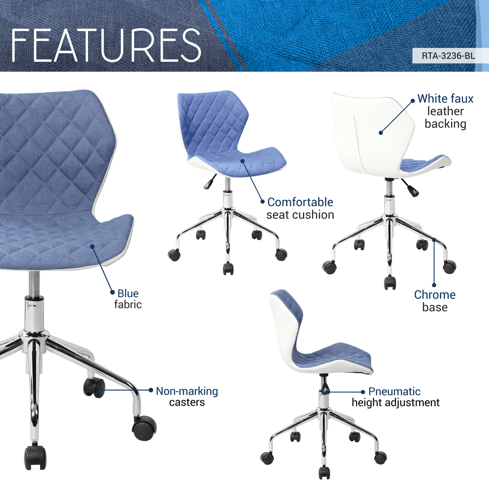 Techni Mobili Modern Height Adjustable Office Task Chair, Blue Techni Mobili Chairs