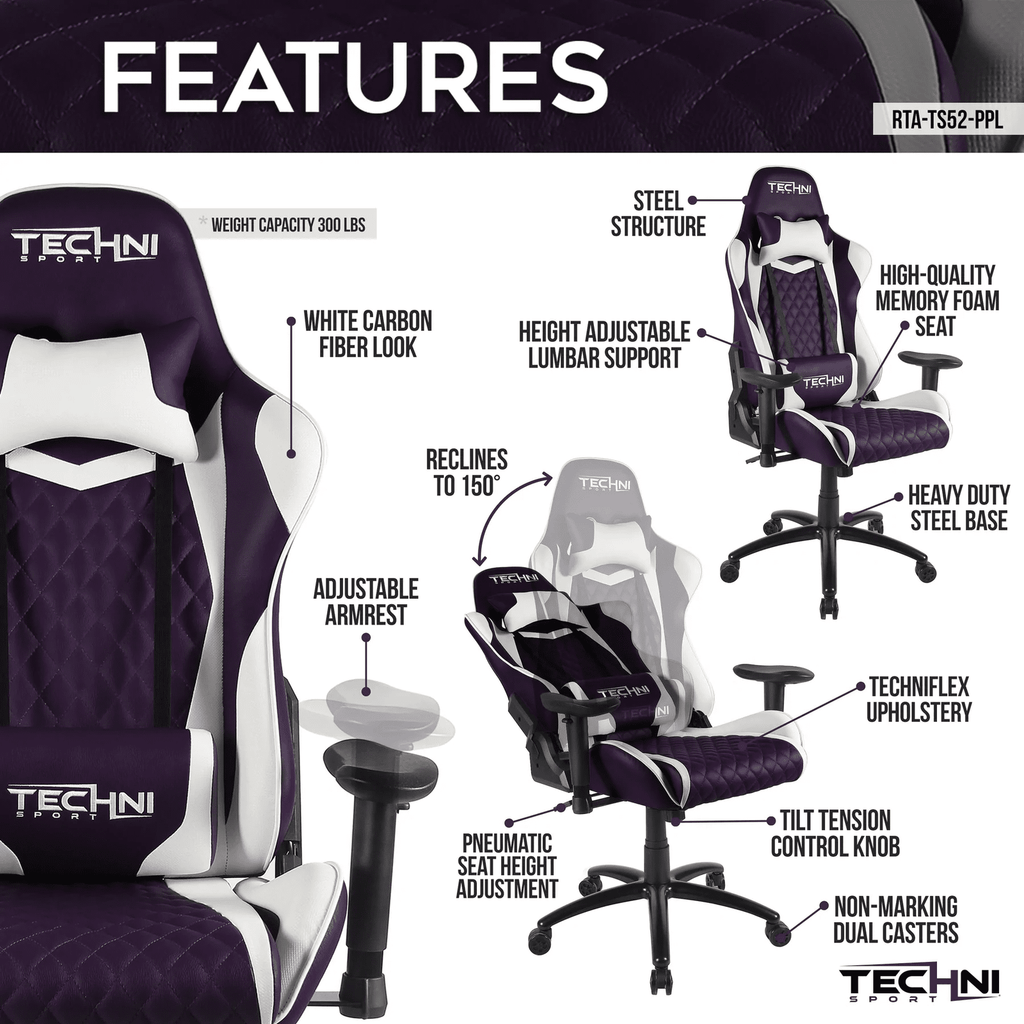 Techni Sport TS-52 Ergonomic High Back Racer Style PC Gaming Chair, Purple Techni Sport Gaming Chairs