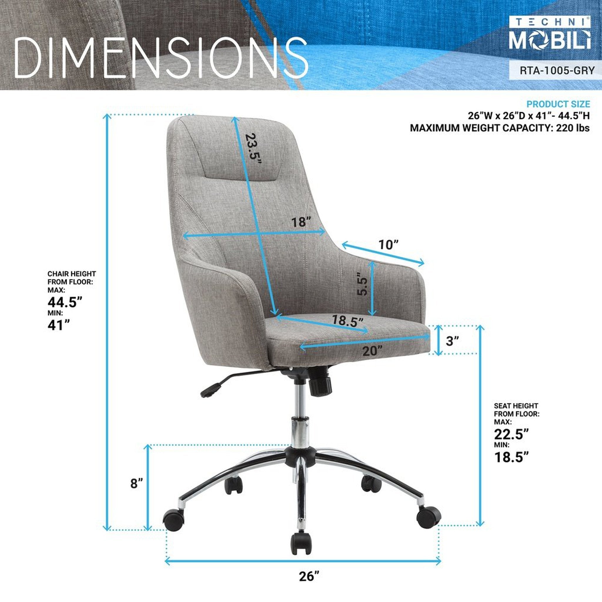 Techni Mobili Comfy Height Adjustable Rolling Office Desk Chair with Wheels Techni Mobili Chairs