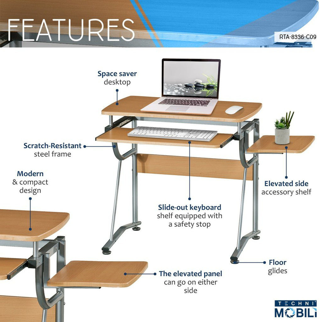 Techni Mobili Compact Computer Desk with Side Shelf and Keyboard Panel, Cherry Techni Mobili 
