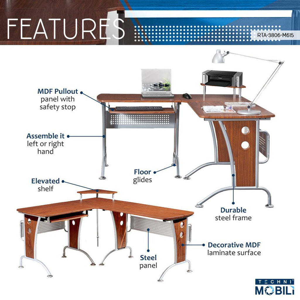 Techni Mobili Deluxe L-Shaped Computer Desk With Pull Out Keyboard Panel, Mahogany Techni Mobili 