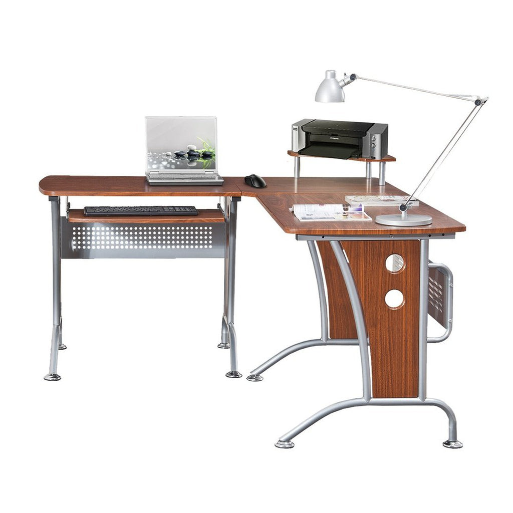 Techni Mobili Deluxe L-Shaped Computer Desk With Pull Out Keyboard Panel, Mahogany Techni Mobili 
