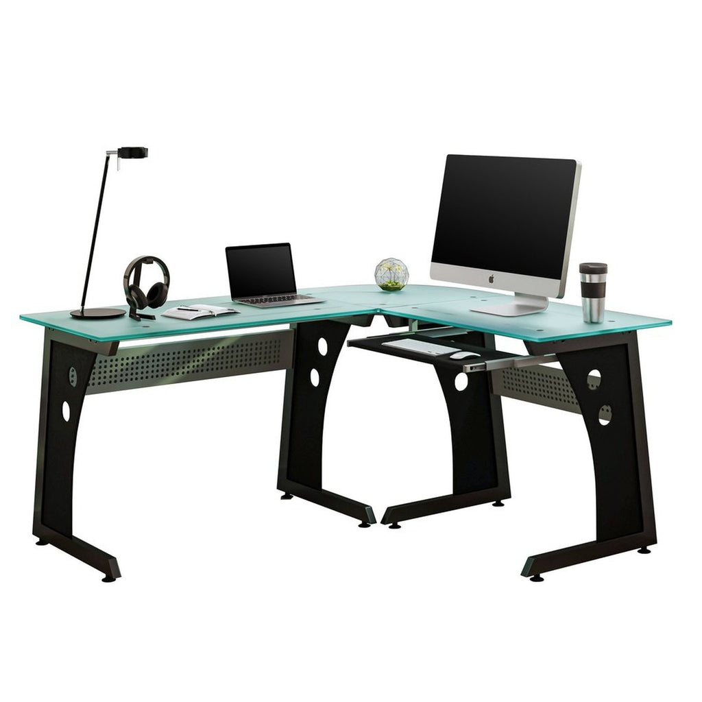 Techni Mobili Deluxe L-Shaped Tempered Frosted Glass Top Computer Desk with Pull Out Keyboard Panel, Graphite Techni Mobili 