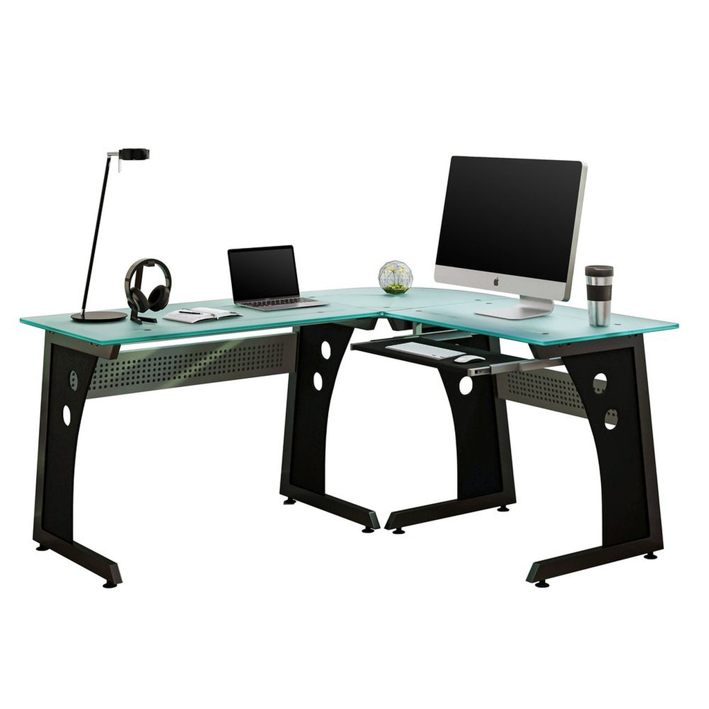 Techni Mobili Deluxe L-Shaped Tempered Frosted Glass Top Computer Desk ...