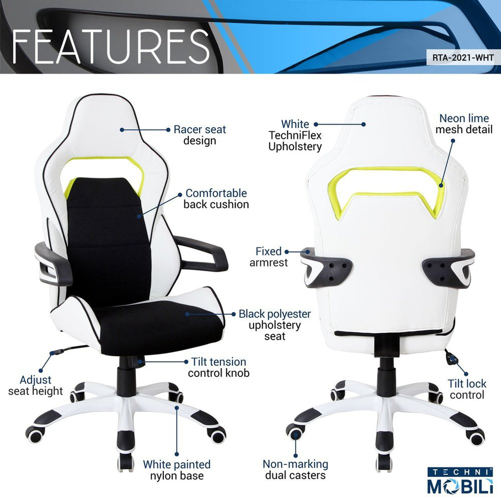 Techni Mobili Ergonomic Essential Racing Style Home & Office Chair, White Techni Mobili Chairs
