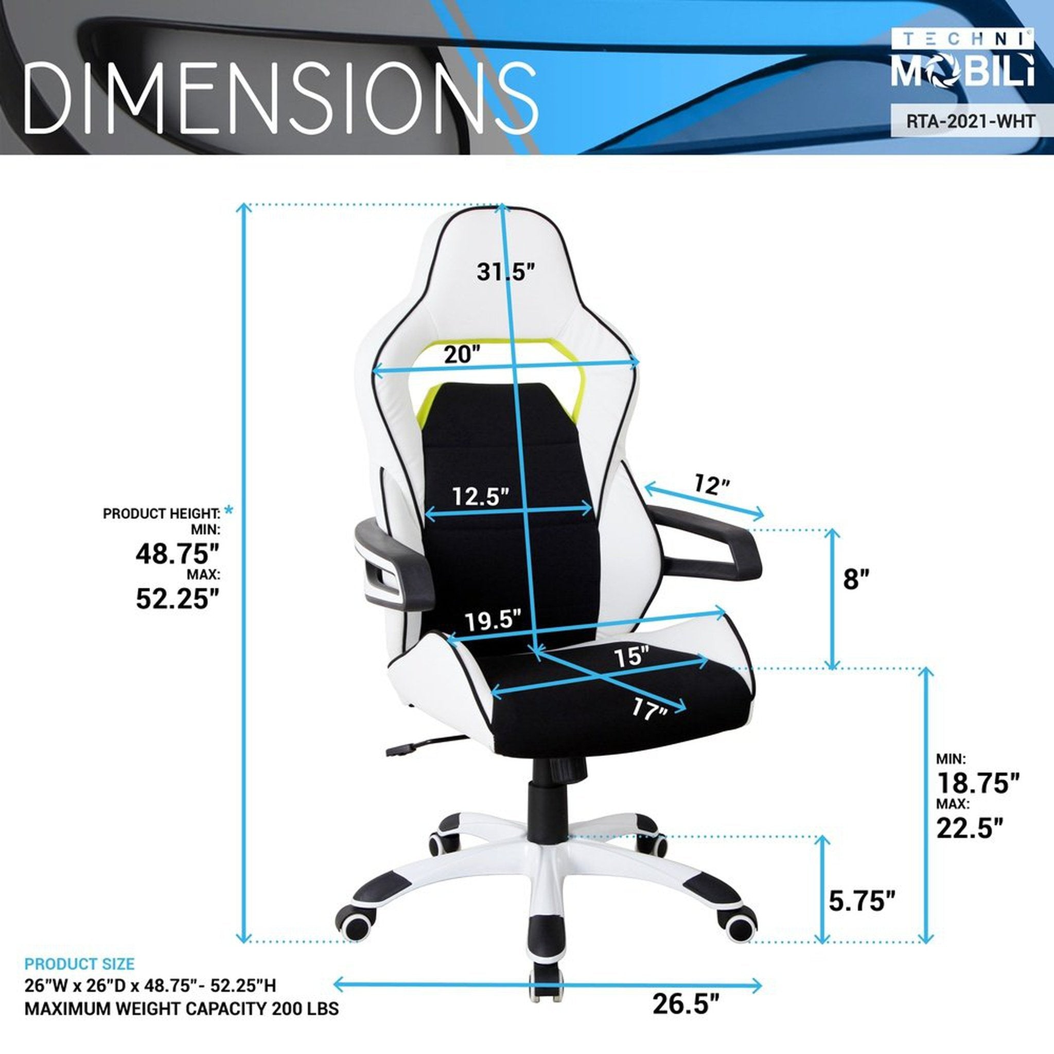 Techni Mobili Ergonomic Essential Racing Style Home & Office Chair, White Techni Mobili Chairs