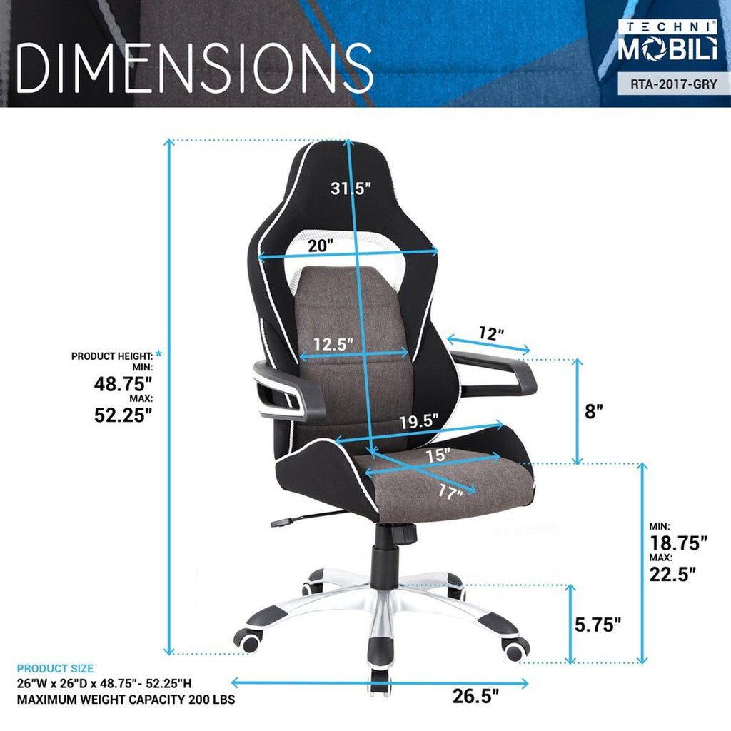 Techni Mobili Ergonomic Upholstered Racing Style Home & Office Chair, Grey/Black Techni Mobili Chairs