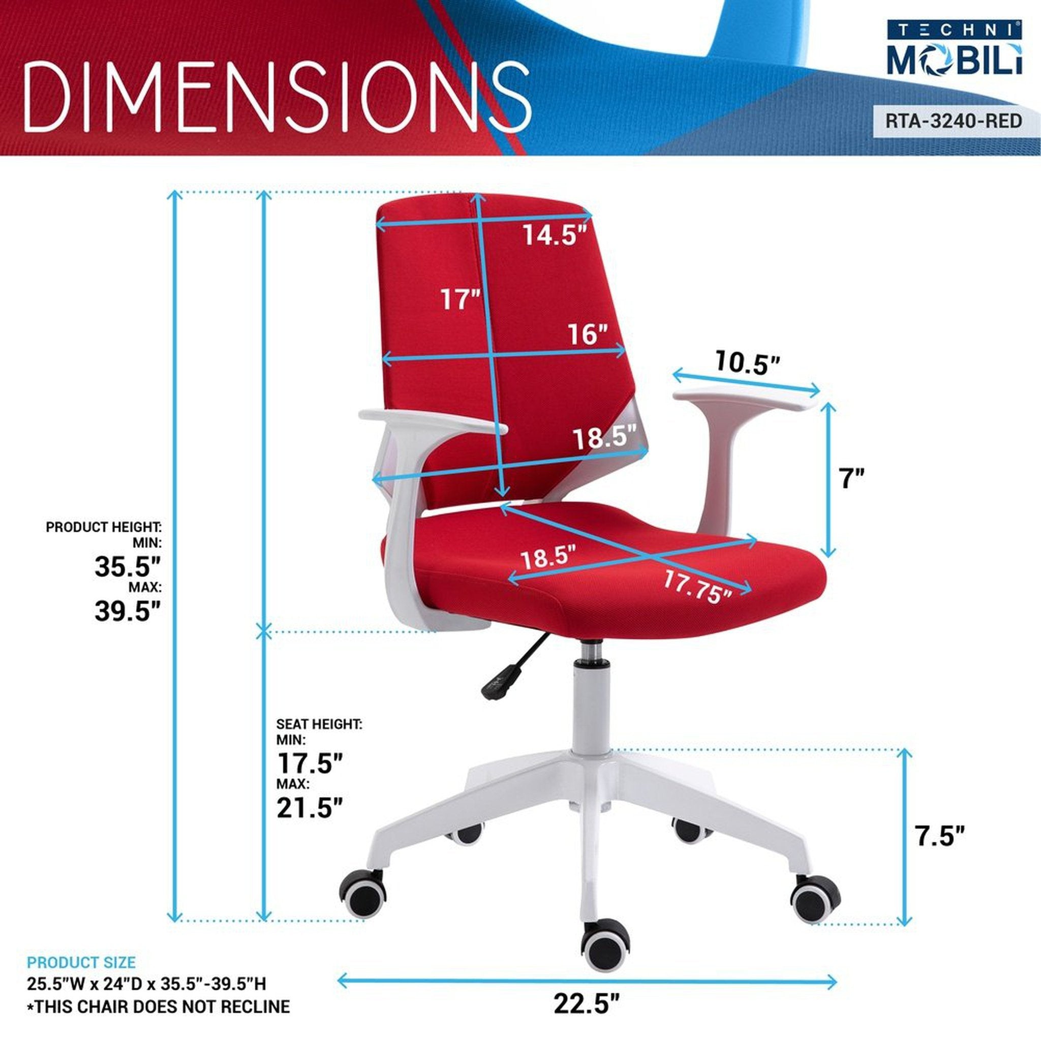 Techni Mobili Height Adjustable Mid Back Office Chair, Red Techni Mobili Chairs