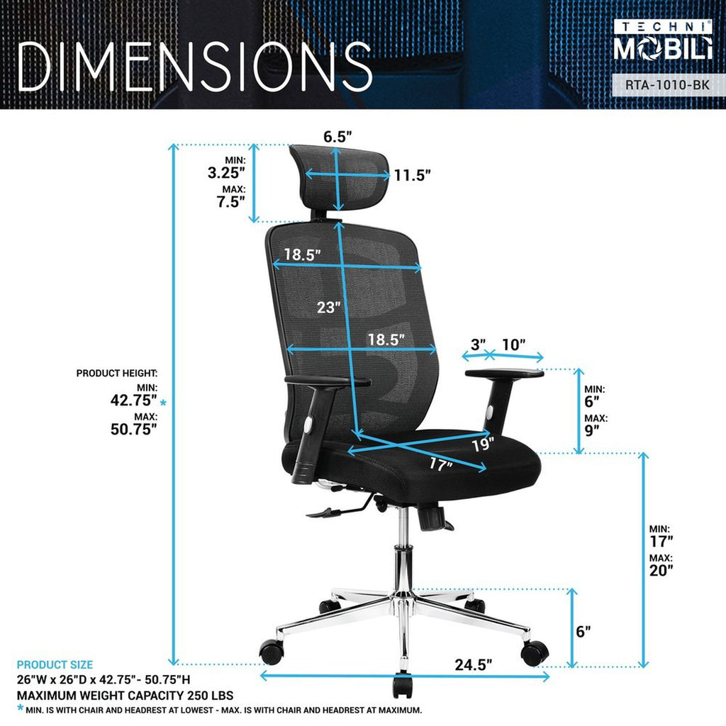 Techni Mobili High Back Executive Mesh Office Chair with Arms, Lumbar Support and Chrome Base, Black Techni Mobili Chairs