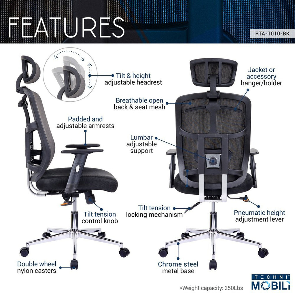 Techni Mobili High Back Executive Mesh Office Chair with Arms, Lumbar Support and Chrome Base, Black Techni Mobili Chairs