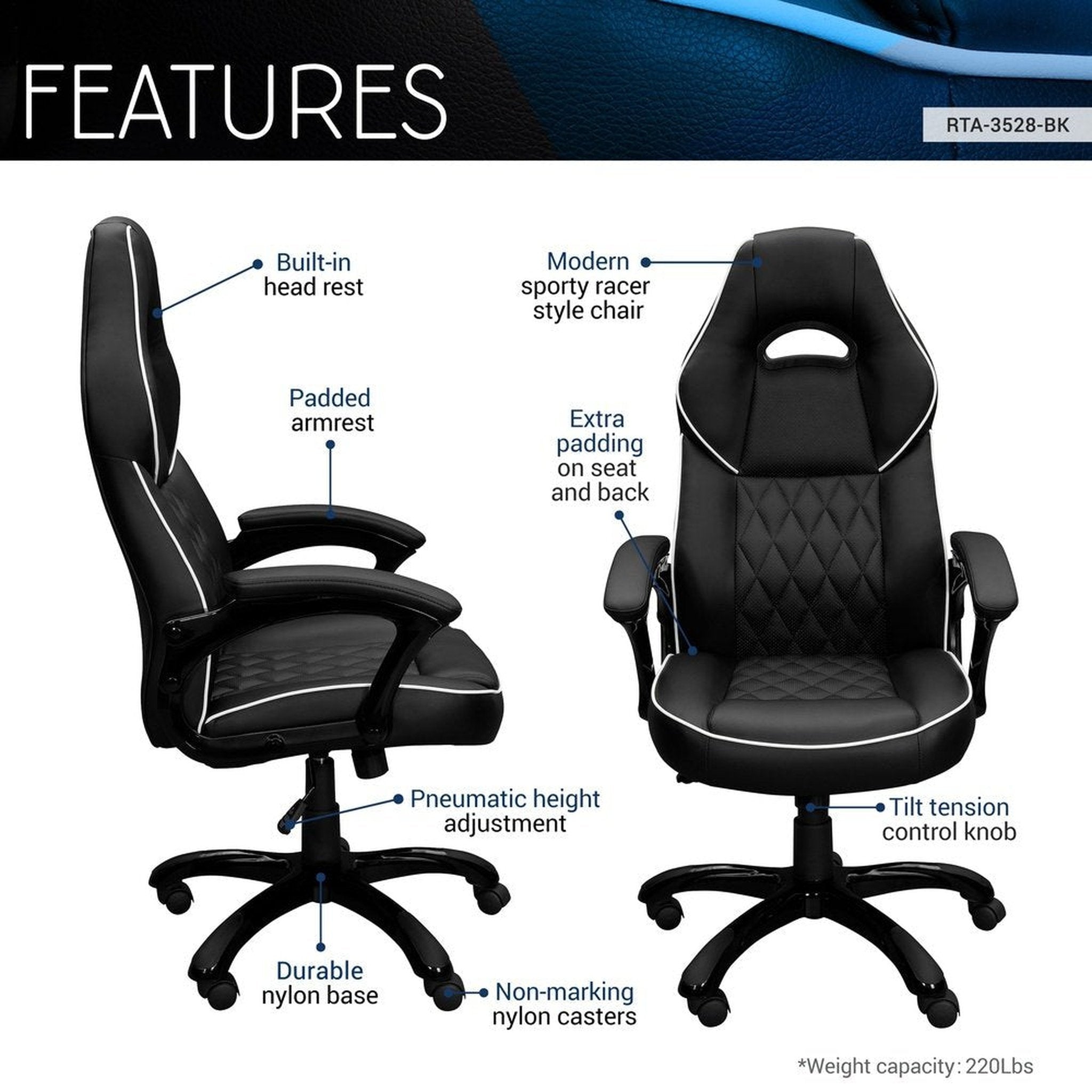 Techni Mobili High Back Executive Sport Race Office Chair, Black Techni Mobili Chairs