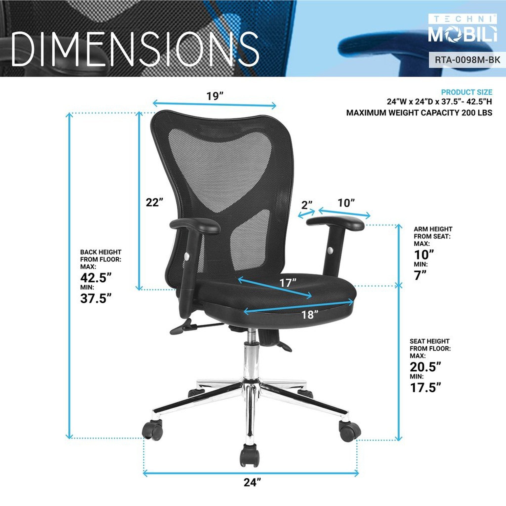 Techni Mobili High Back Mesh Office Chair With Chrome Base, Black Techni Mobili Chairs