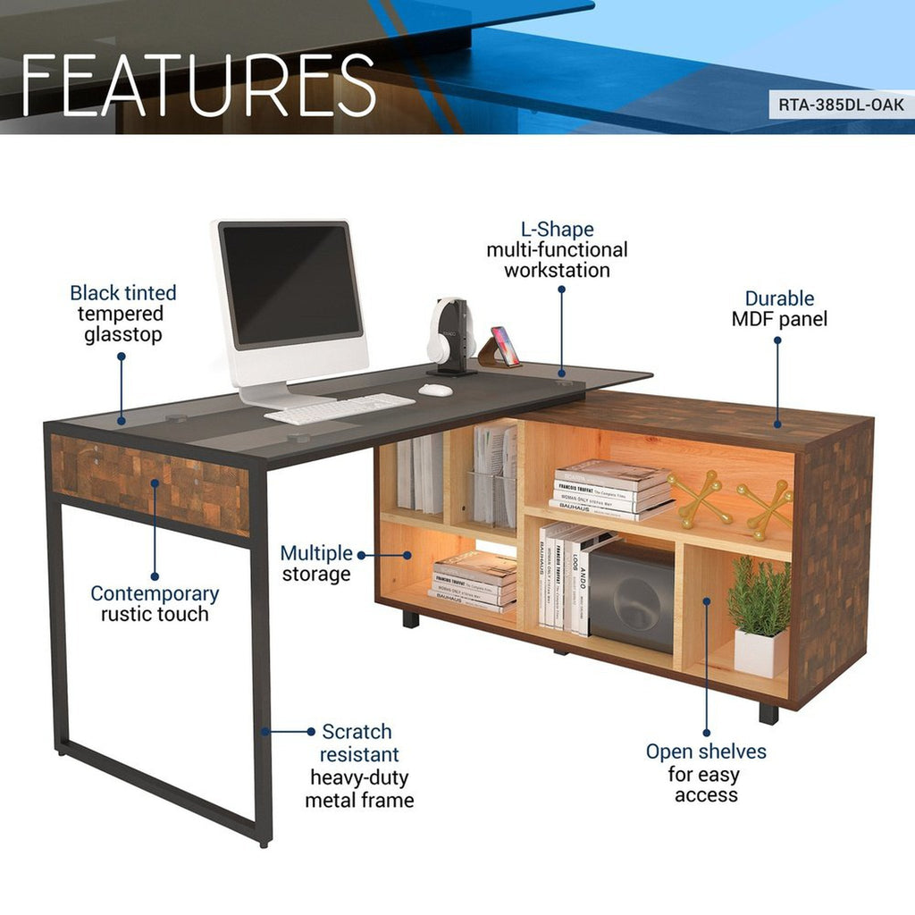 Techni Mobili L-Shape Corner Desk with Multiple Storage, Oak Techni Mobili Desks