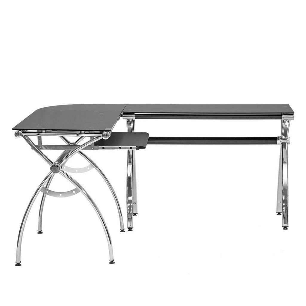 Techni Mobili L-Shaped Colored Tempered Glass Top Corner Desk with Pull Out Keyboard Tray, Black Techni Mobili Desks