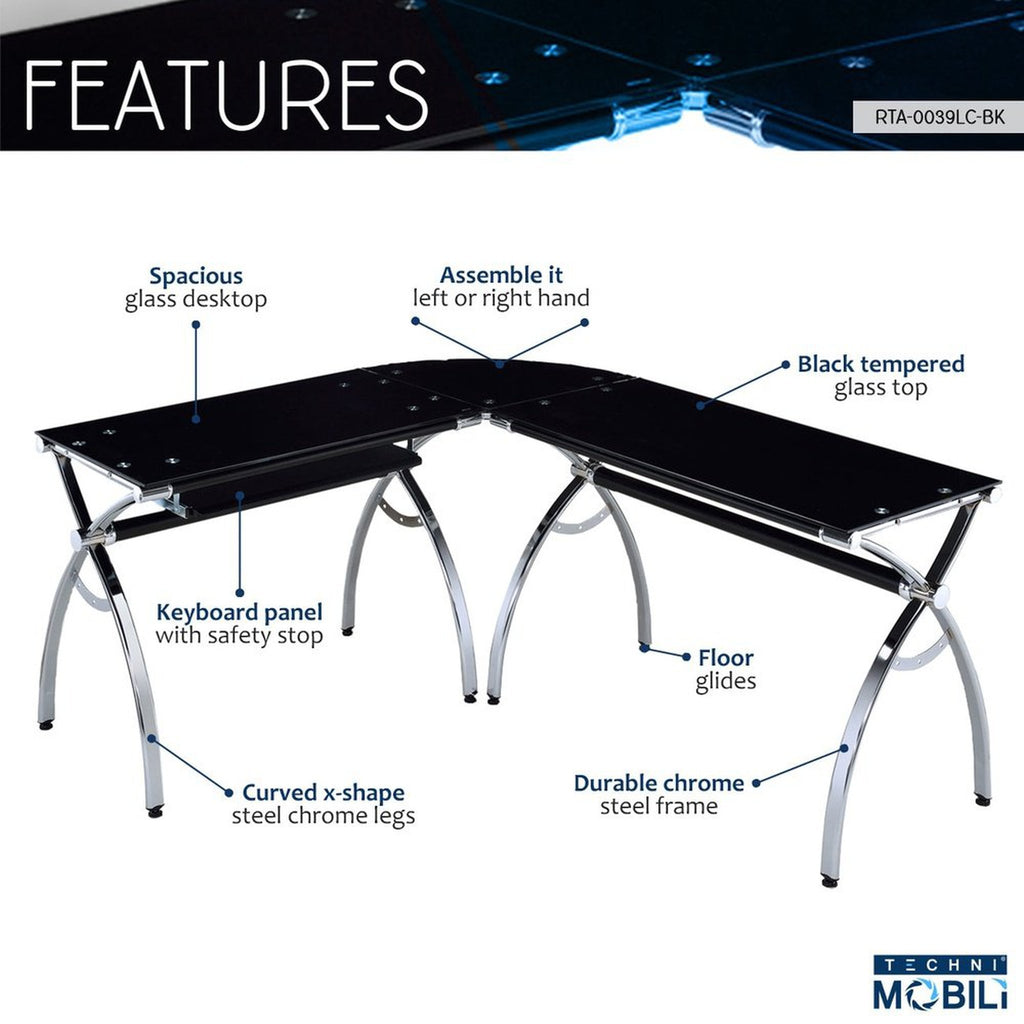 Techni Mobili L-Shaped Colored Tempered Glass Top Corner Desk with Pull Out Keyboard Tray, Black Techni Mobili Desks