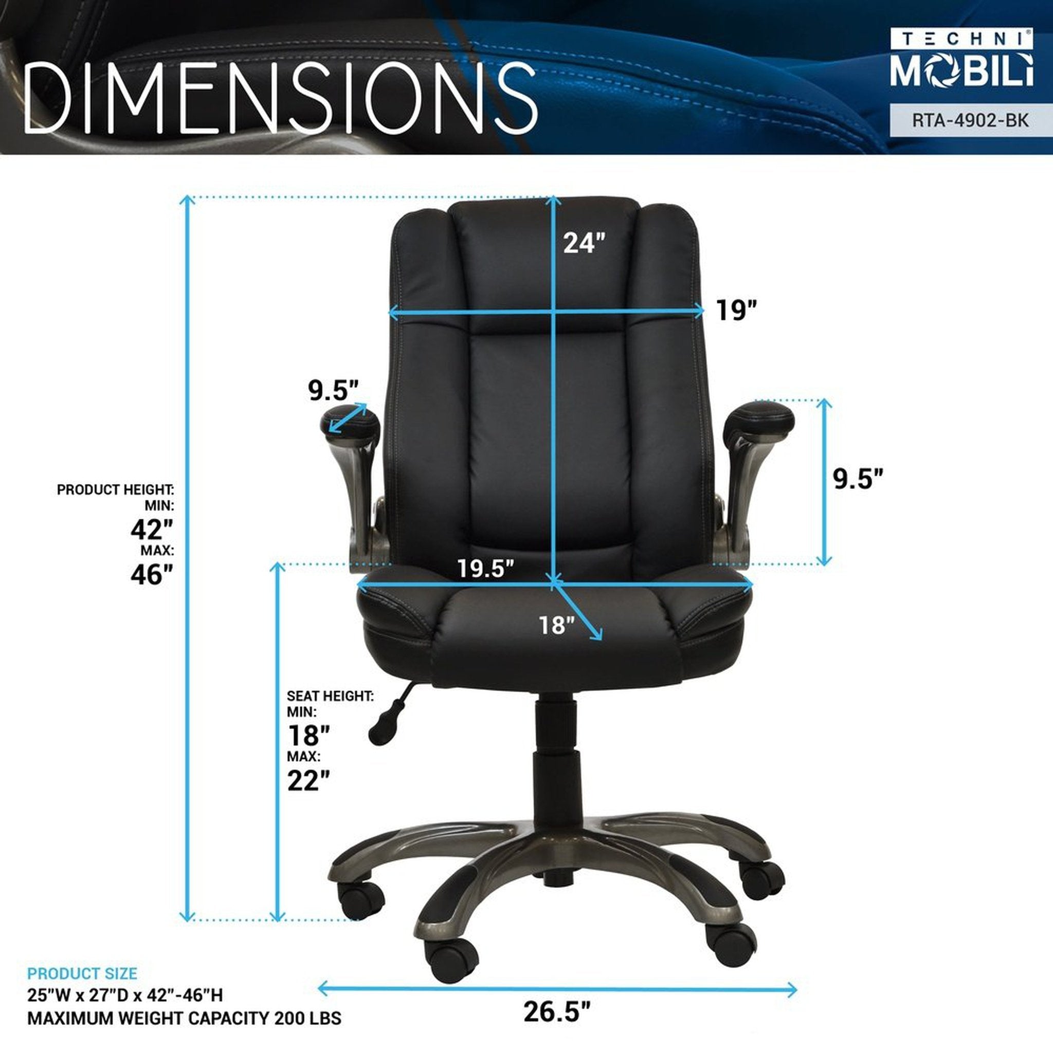 Techni Mobili Medium Back Executive Office Chair with Flip-up Arms, Black Techni Mobili Chairs