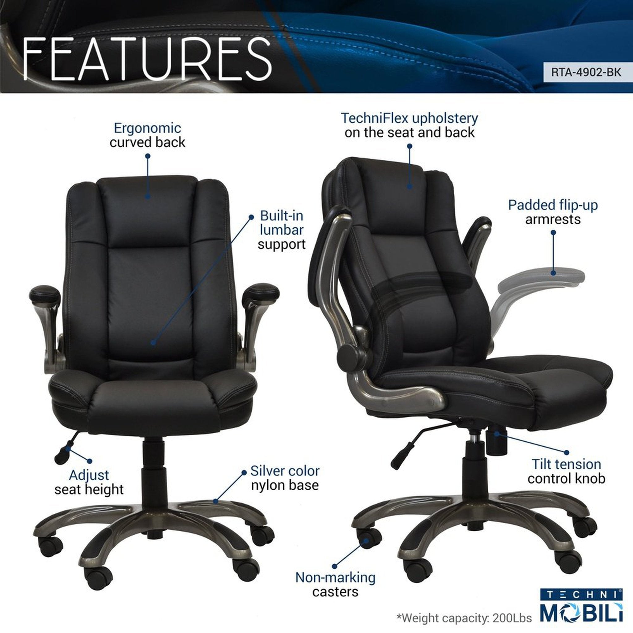 Techni Mobili Medium Back Executive Office Chair with Flip-up Arms, Black Techni Mobili Chairs