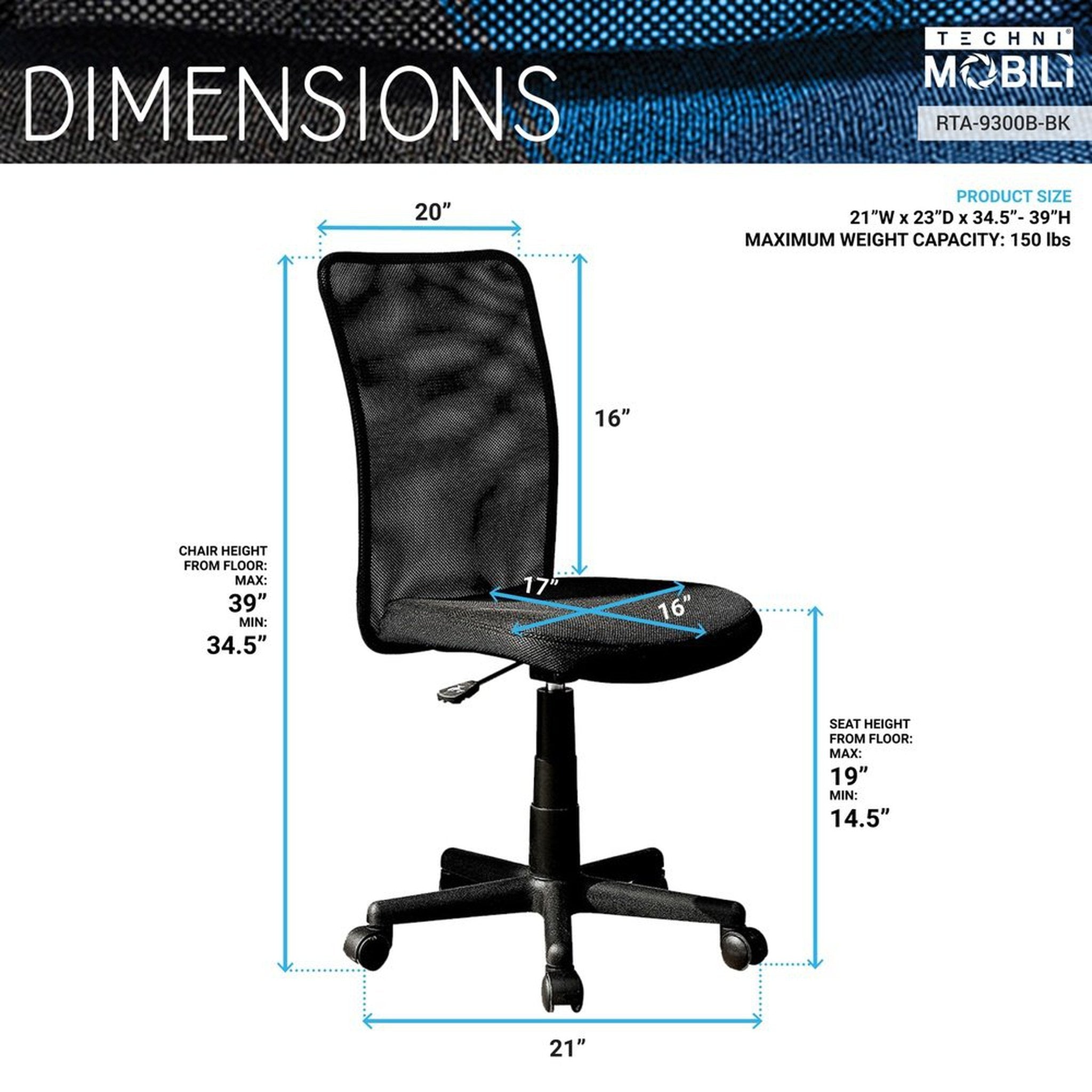 Techni Mobili Mesh Task Office Chair, Black Techni Mobili Chairs