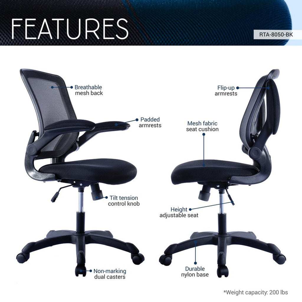 Techni Mobili Mesh Task Office Chair with Flip-Up Arms, Black Techni Mobili Chairs