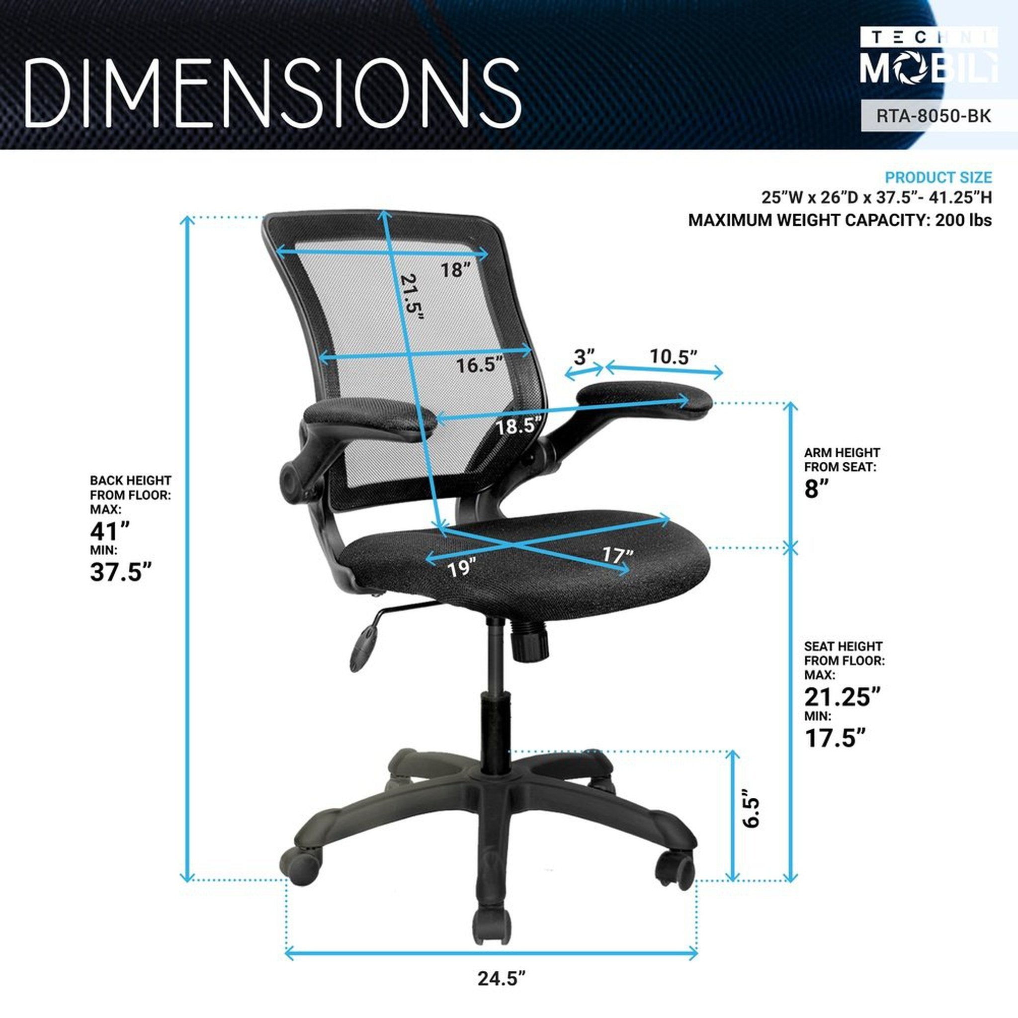 Techni Mobili Mesh Task Office Chair with Flip-Up Arms, Black Techni Mobili Chairs