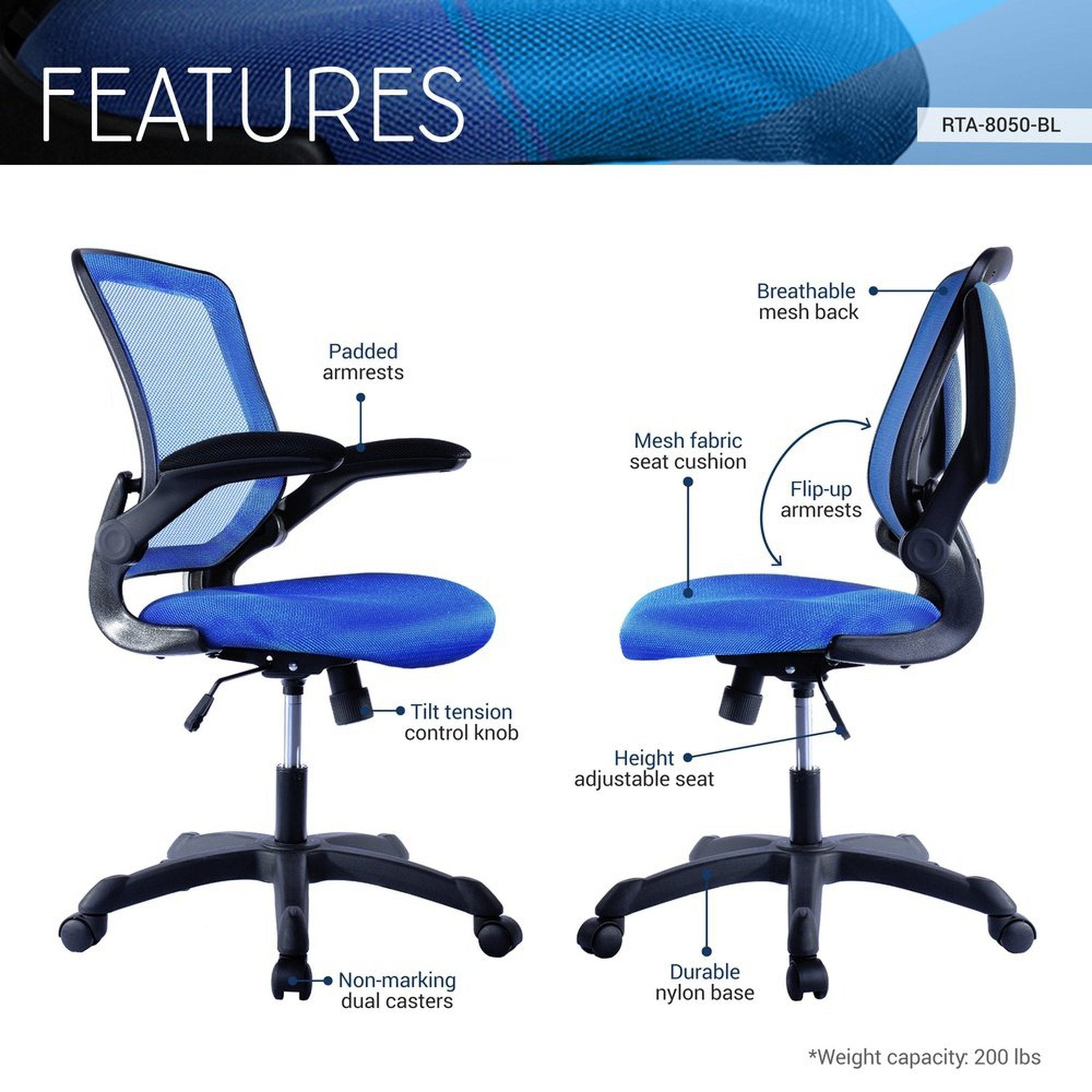 Techni Mobili Mesh Task Office Chair with Flip Up Arms, Blue Techni Mobili Chairs