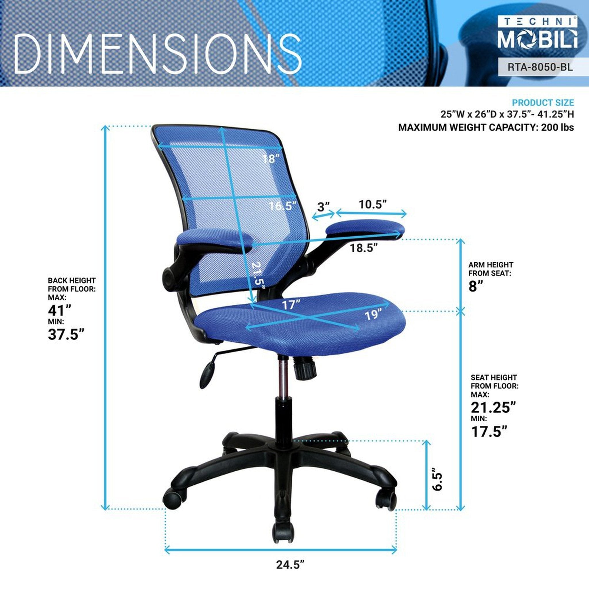 Techni Mobili Mesh Task Office Chair with Flip Up Arms, Blue Techni Mobili Chairs