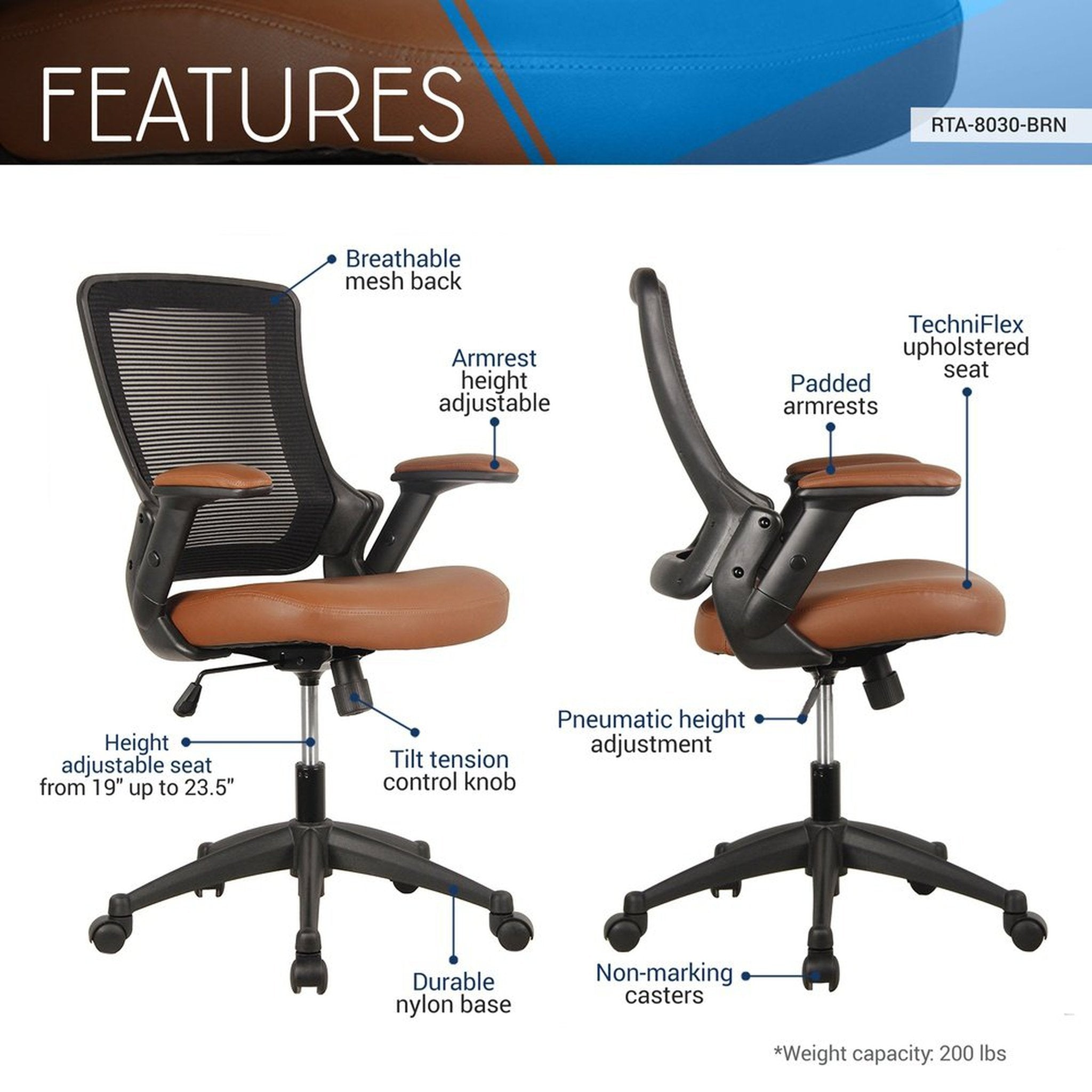 Techni Mobili Mid-Back Mesh Task Office Chair with Height Adjustable Arms, Brown Techni Mobili Chairs