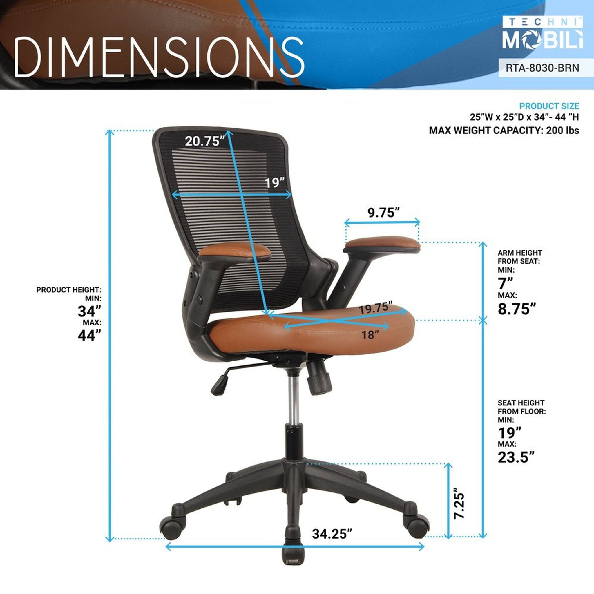 Techni Mobili Mid-Back Mesh Task Office Chair with Height Adjustable Arms, Brown Techni Mobili Chairs