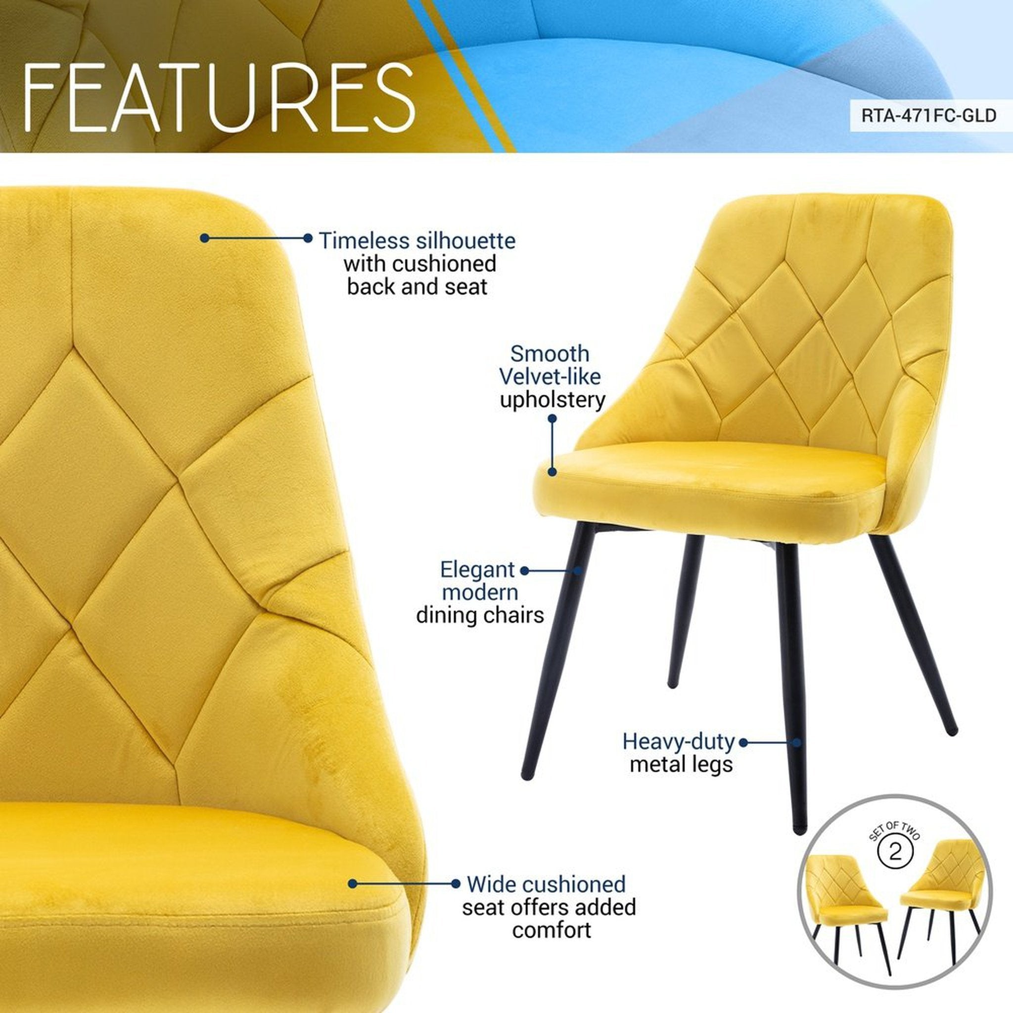 Techni Mobili Modern Contemporary Gold Tufted Velvet Chair Set of 2 Techni Mobili Chairs