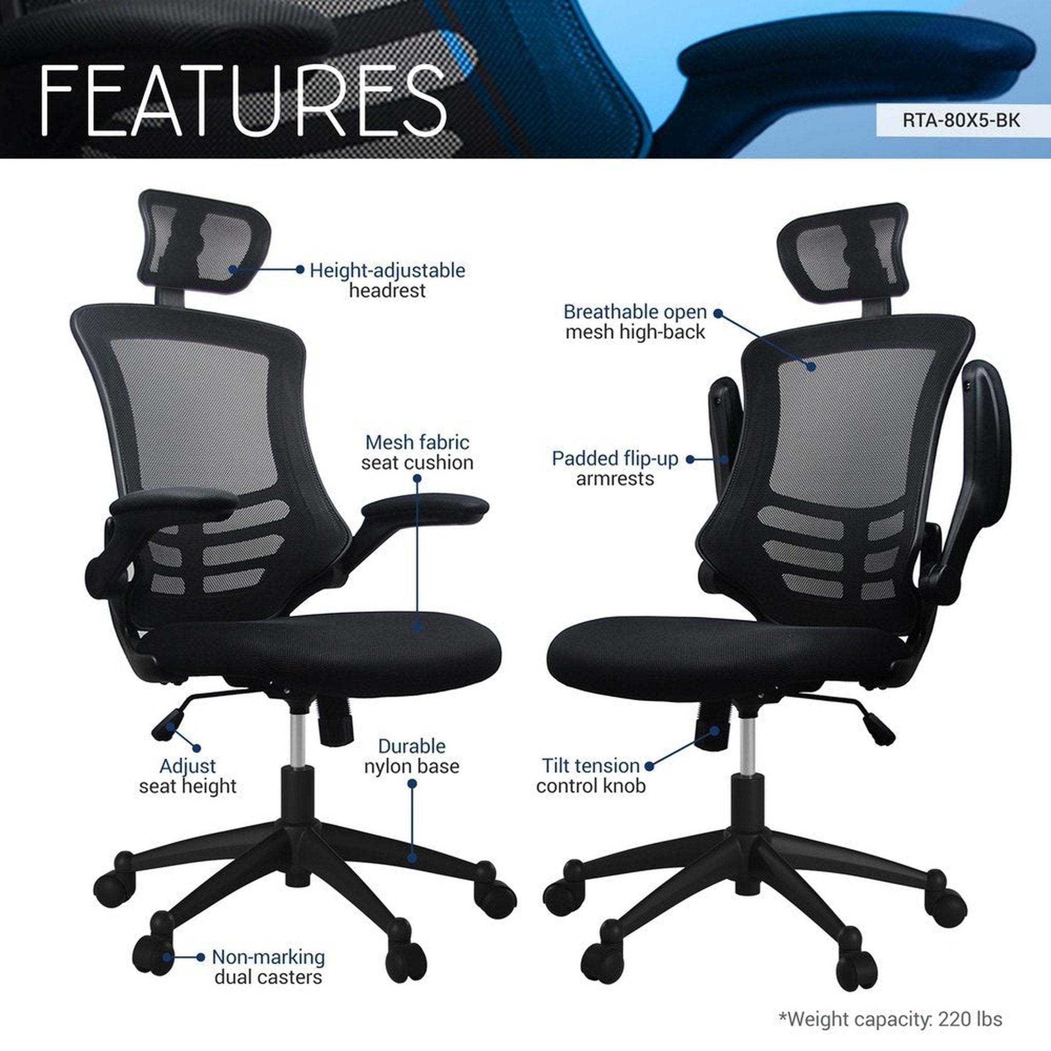 Techni Mobili Modern High-Back Mesh Executive Office Chair with Headrest and Flip-Up Arms, Black Techni Mobili Chairs