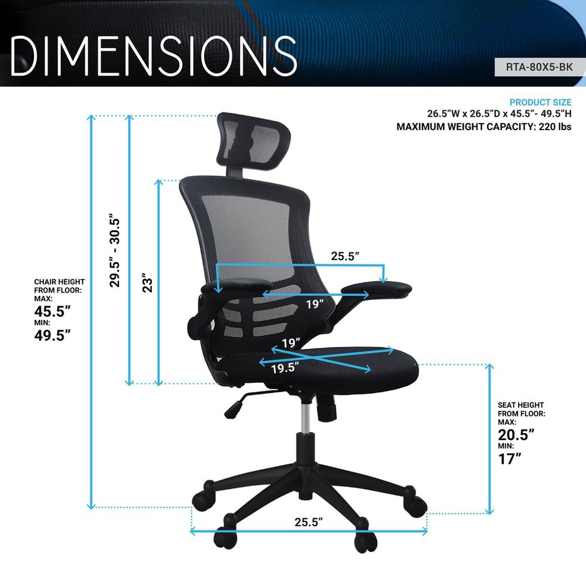 Techni Mobili Modern High-Back Mesh Executive Office Chair with Headrest and Flip-Up Arms, Black Techni Mobili Chairs