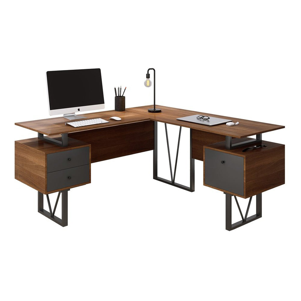 Techni Mobili Reversible L-Shape Computer Desk with Drawers and File Cabinet, Walnut Techni Mobili Desks