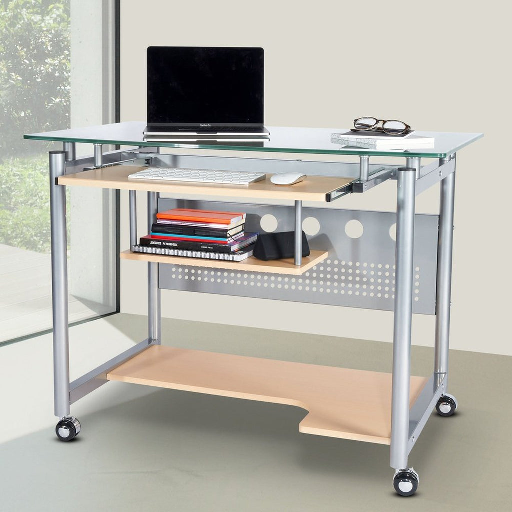 Techni Mobili Rolling Computer Desk, Glass and Silver Techni Mobili Desks