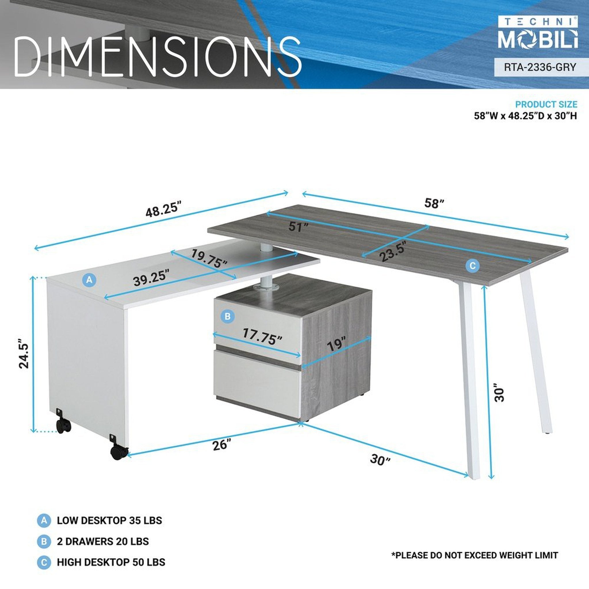 Techni Mobili Rotating Multi-Positional Modern Desk, Grey Techni Mobili Desks