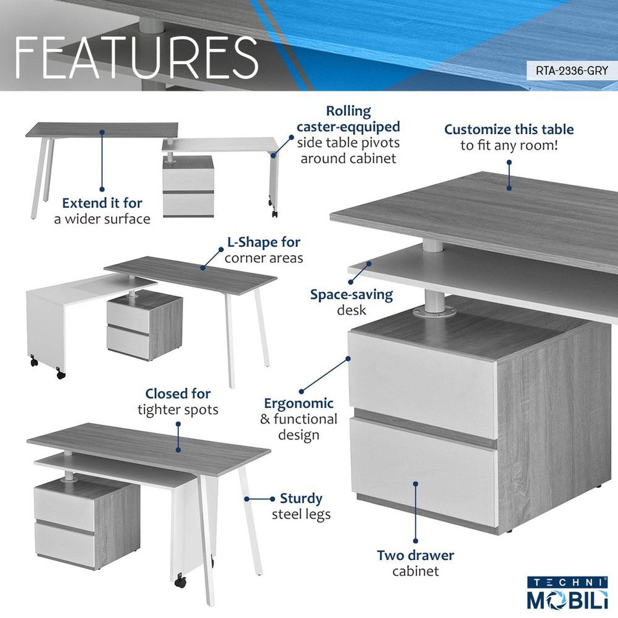 Techni Mobili Rotating Multi-Positional Modern Desk, Grey Techni Mobili Desks