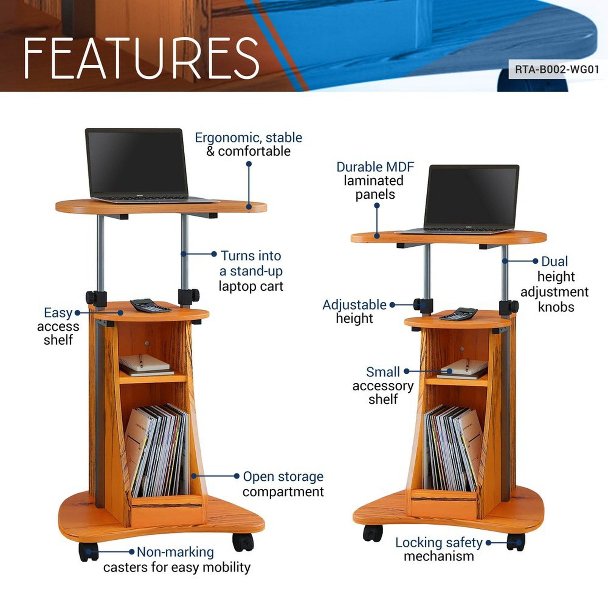 Techni Mobili Sit-to-Stand Rolling Adjustable Height Laptop Cart With Storage, Woodgrain Techni Mobili Desks