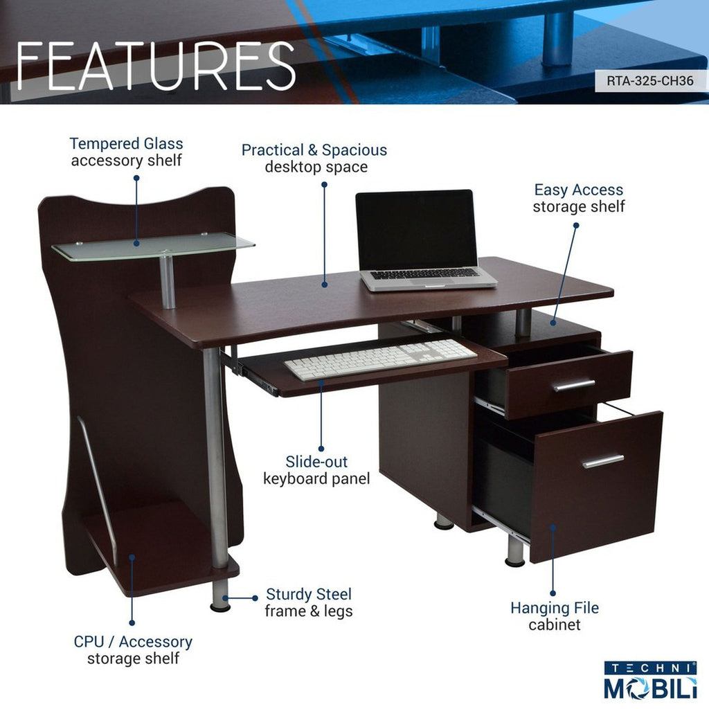 Techni Mobili Stylish Computer Desk with Storage, Chocolate Techni Mobili Desks