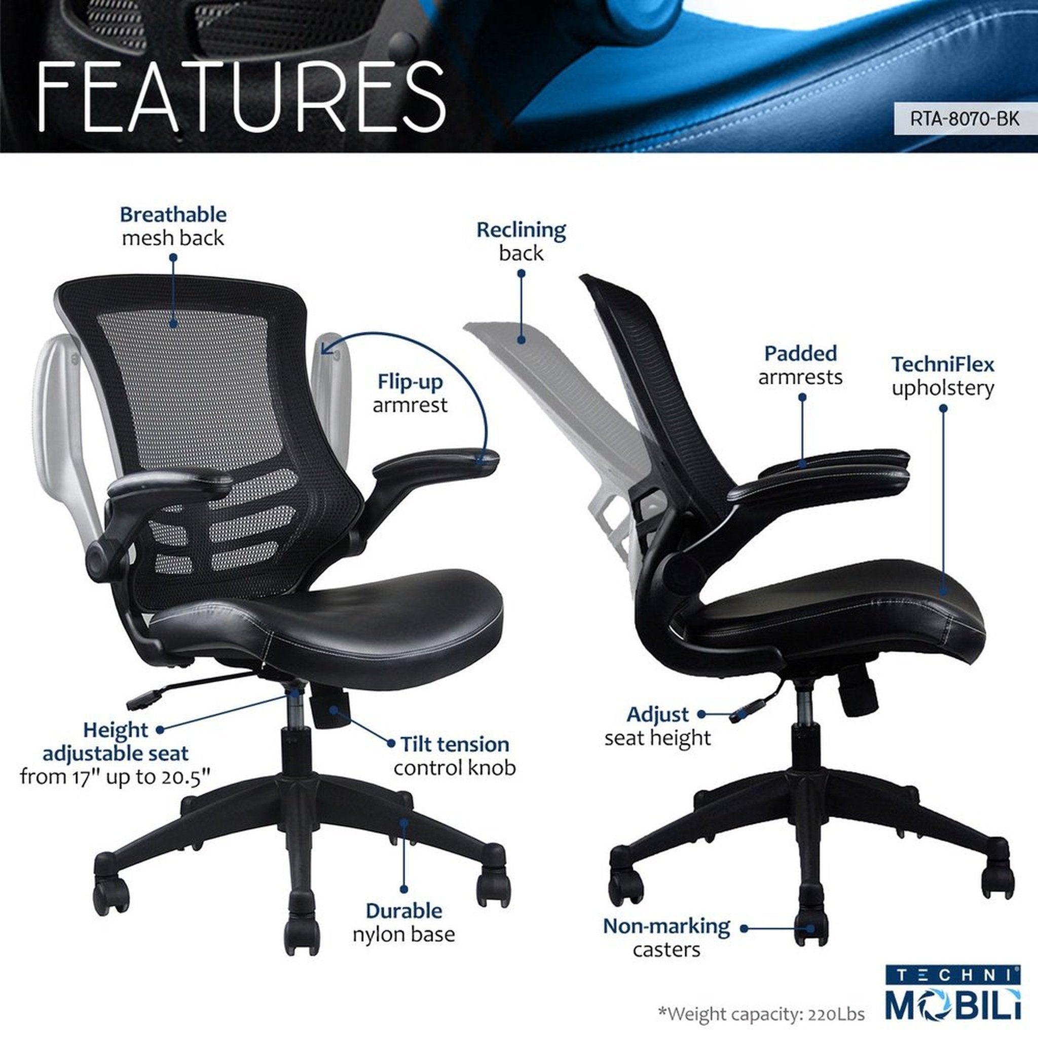 Techni Mobili Stylish Mid-Back Mesh Office Chair with Adjustable Arms, Black Techni Mobili Chairs