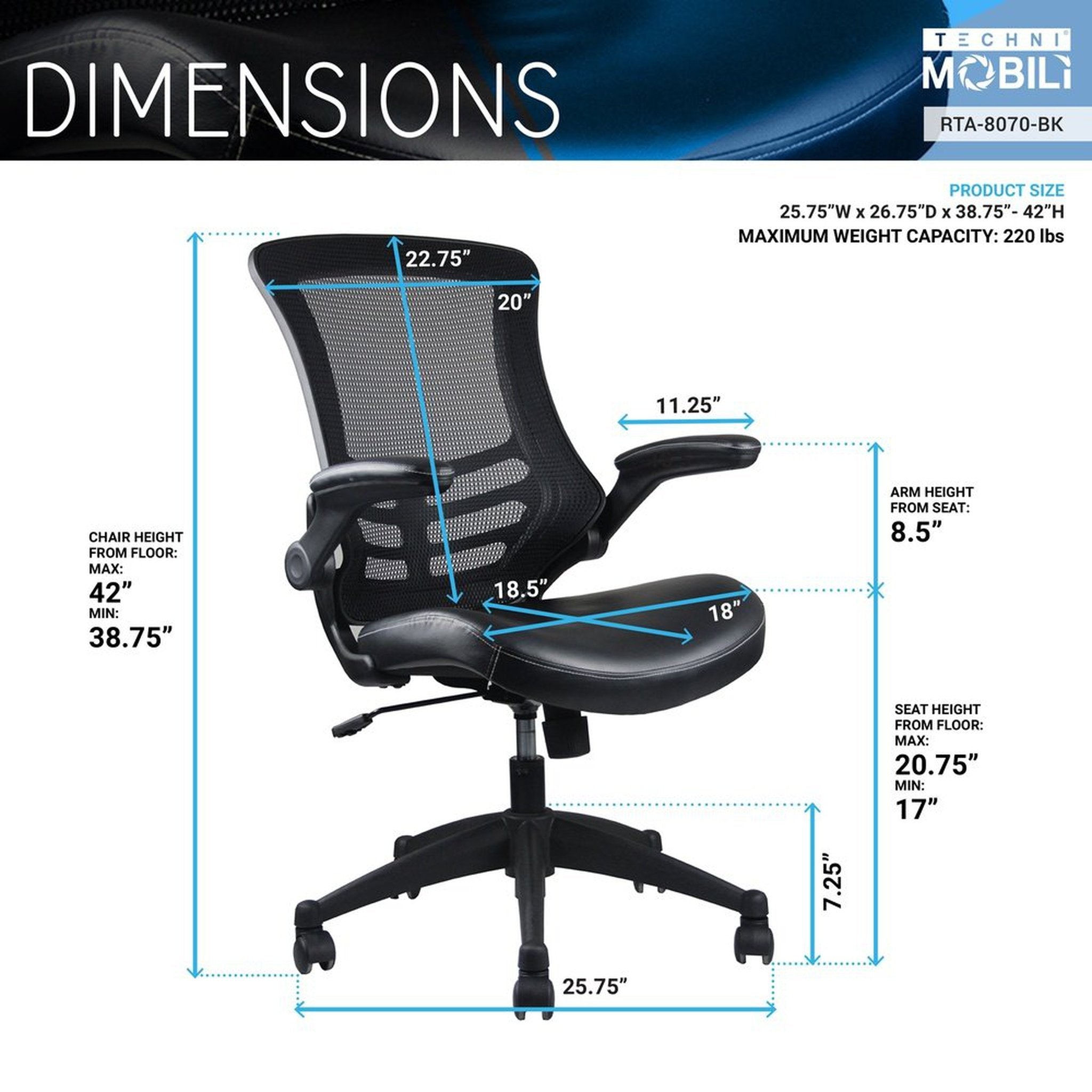 Techni Mobili Stylish Mid-Back Mesh Office Chair with Adjustable Arms, Black Techni Mobili Chairs