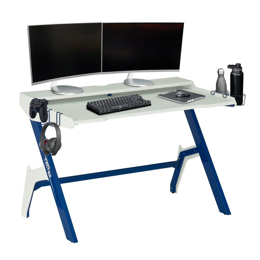 Techni Sport Ergonomic Computer Gaming Desk Workstation with Cupholder & Headphone Hook, Blue Techni Sport Gaming Desk