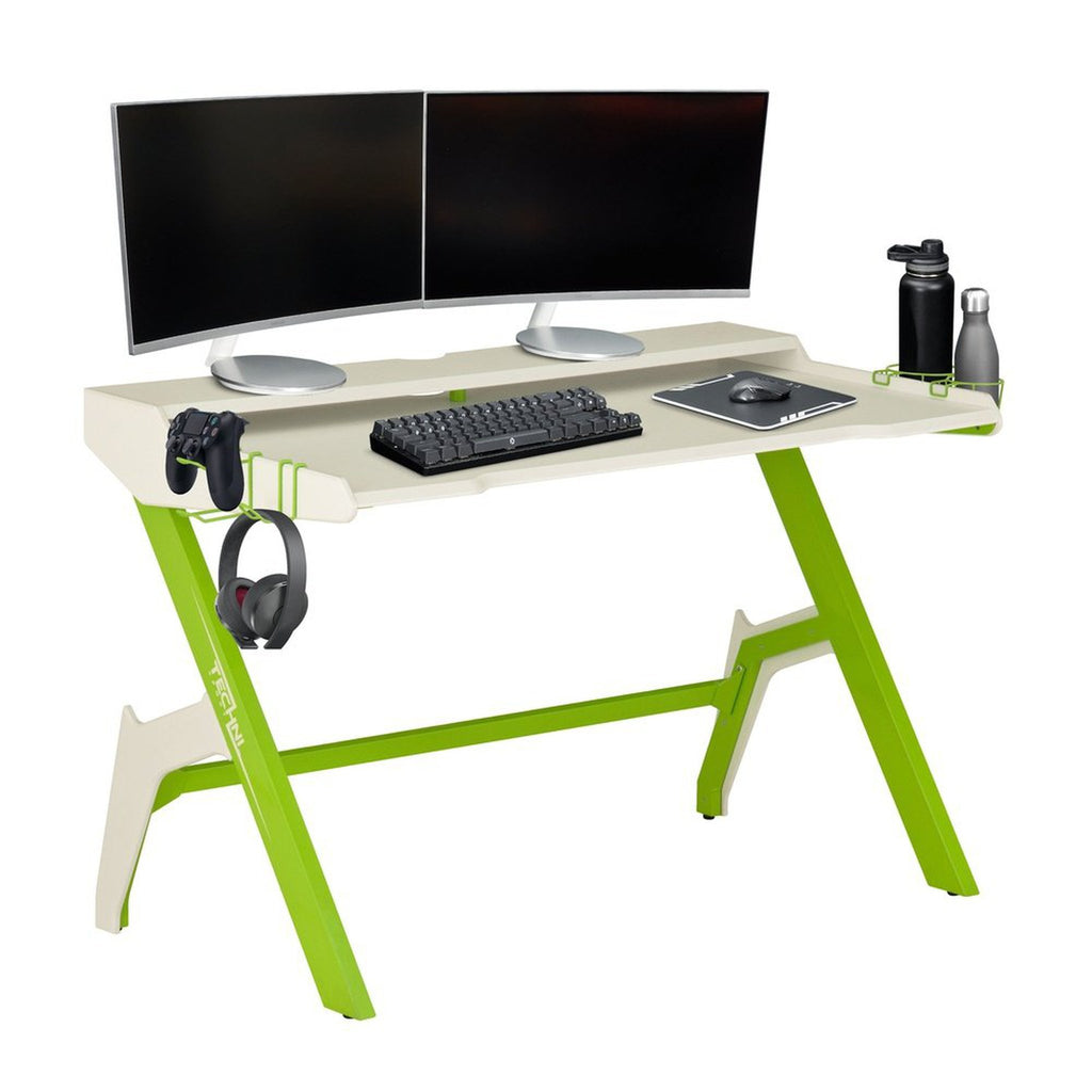 Techni Sport Ergonomic Computer Gaming Desk Workstation with Cupholder & Headphone Hook, Green Techni Sport Gaming Desk