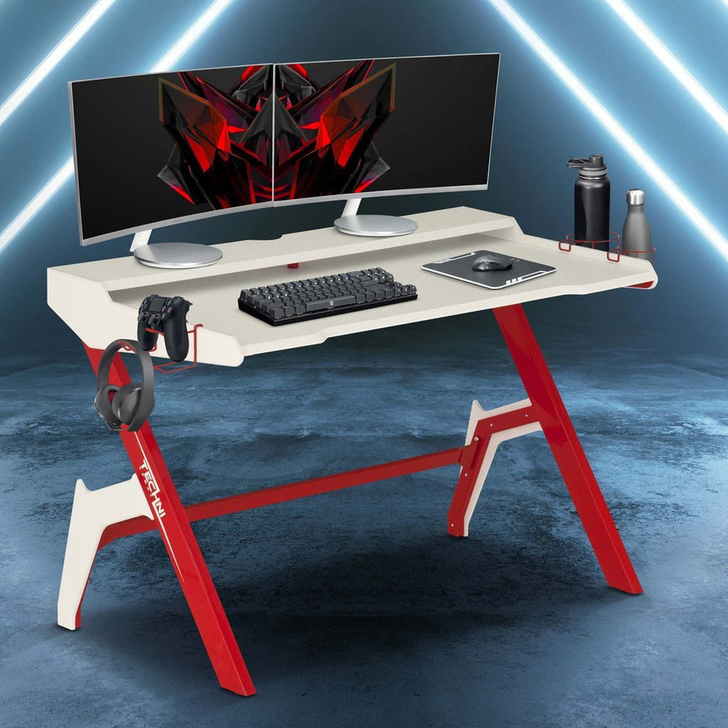 Techni Sport Ergonomic Computer Gaming Desk Workstation with Cupholder & Headphone Hook, Red Techni Sport Gaming Desk