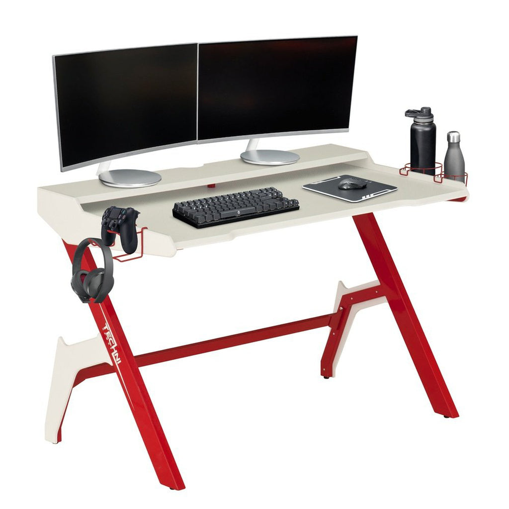 Techni Sport Ergonomic Computer Gaming Desk Workstation with Cupholder & Headphone Hook, Red Techni Sport Gaming Desk